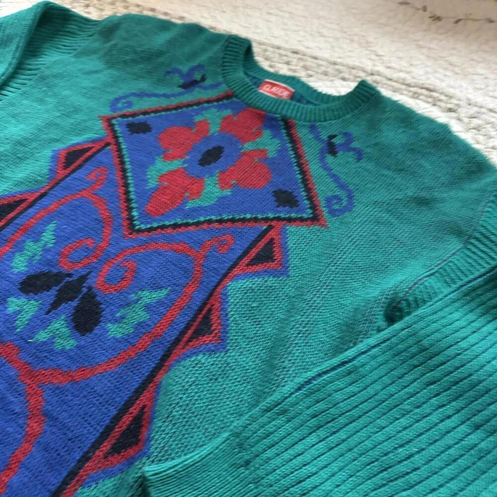 Whimsical Vintage 80s Claude floral Aztec chunky ribbed green sweater size L - Picture 2 of 5
